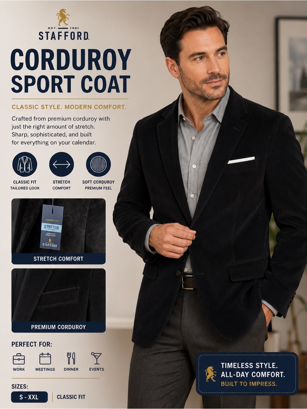 Stafford Black Corduroy Sport Coat - Classic Fit size 46R